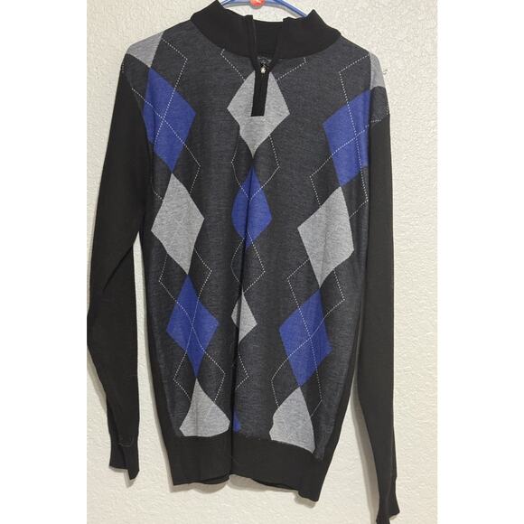 Nevada Black Plaid Quarter Zip Sweater Argyle Pattern Long Sleeve Size Large - Picture 1 of 6